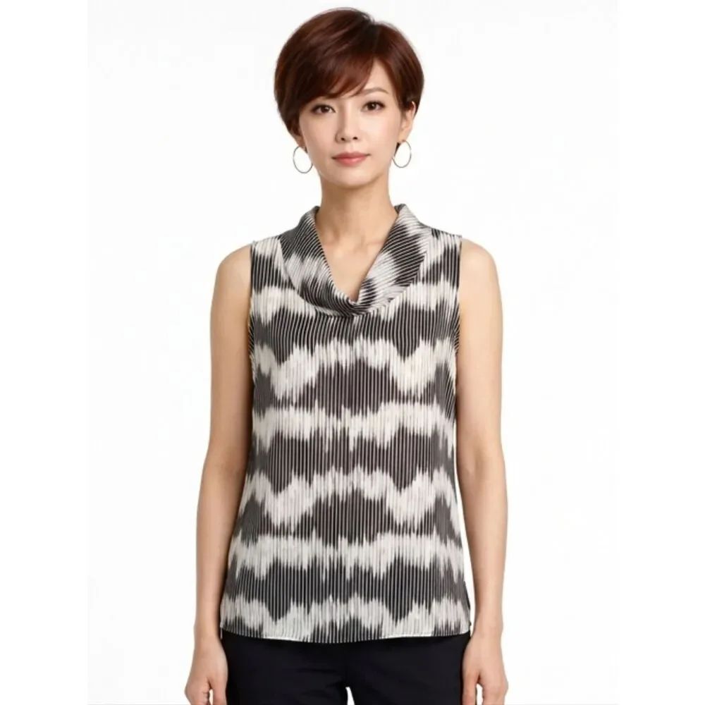 Caviar Black & White Patterned Cowl Neck Chiffon Sleeveless Blouse Size S